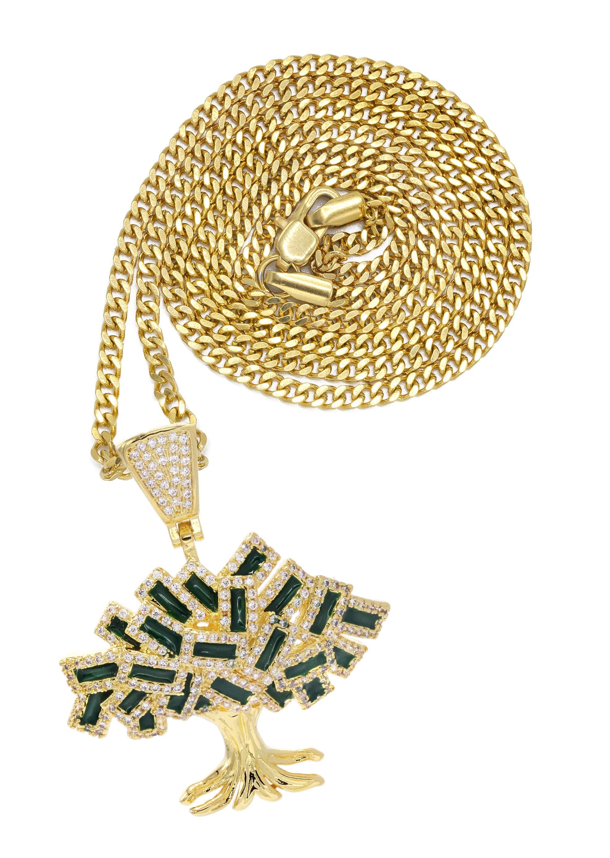 money tree pendant gold Mens Gold Plated Cuban Link Chain & Tree Pendant