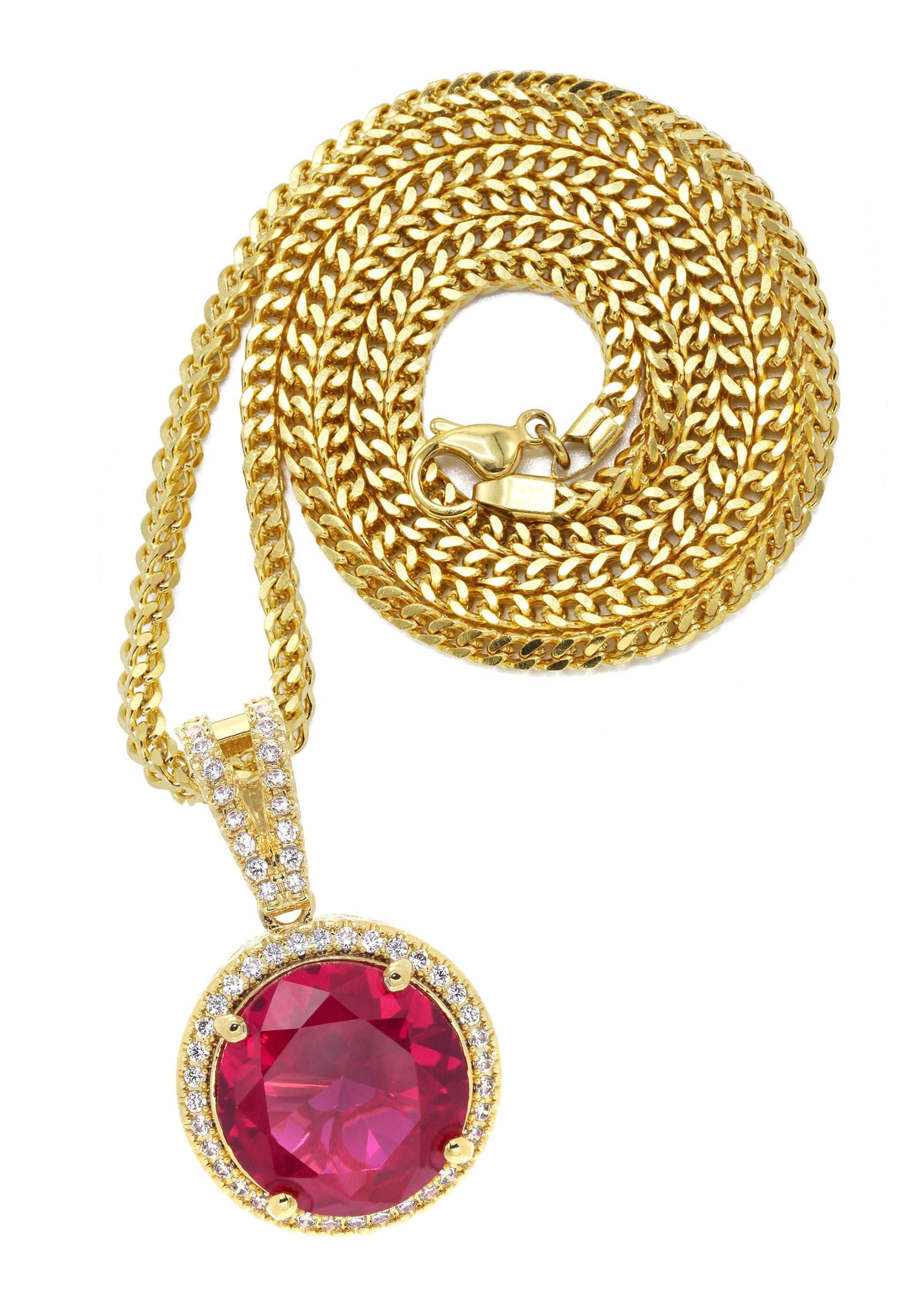 Mens Gold Plated Franco Chain Ruby Pendant Grams