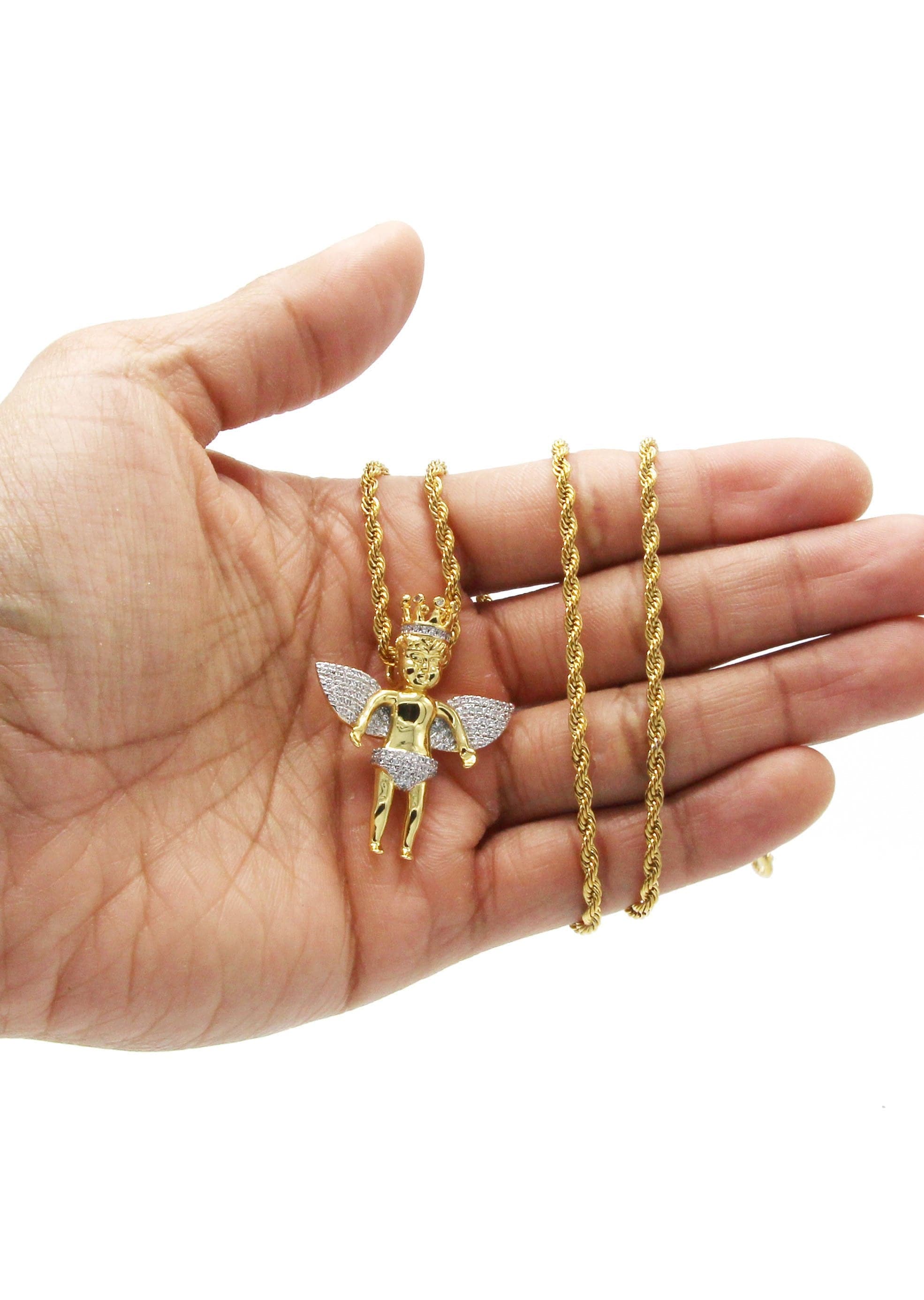 Mens Gold Plated Rope Chain & Angel Pendant | Appx. 16.3 Grams