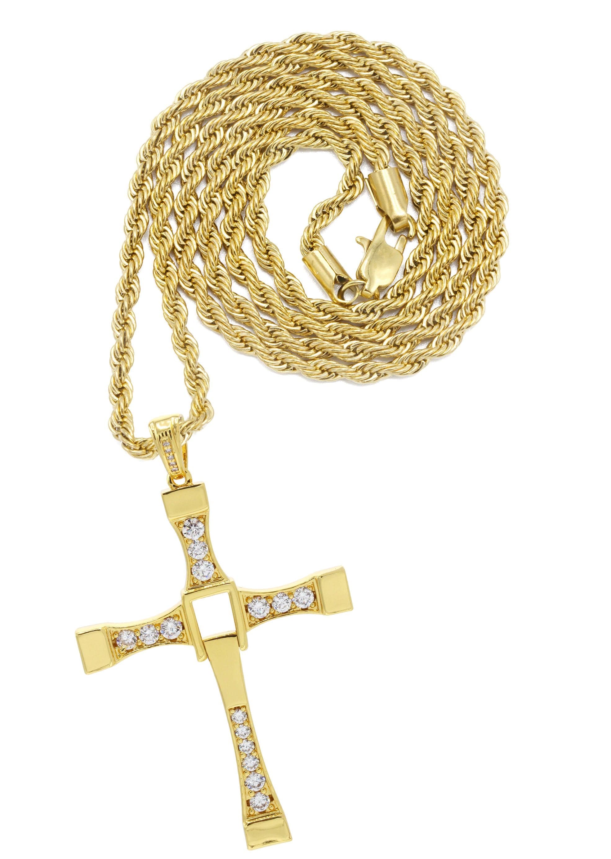 Mens Gold Plated Rope Chain Cross Pendant Grams