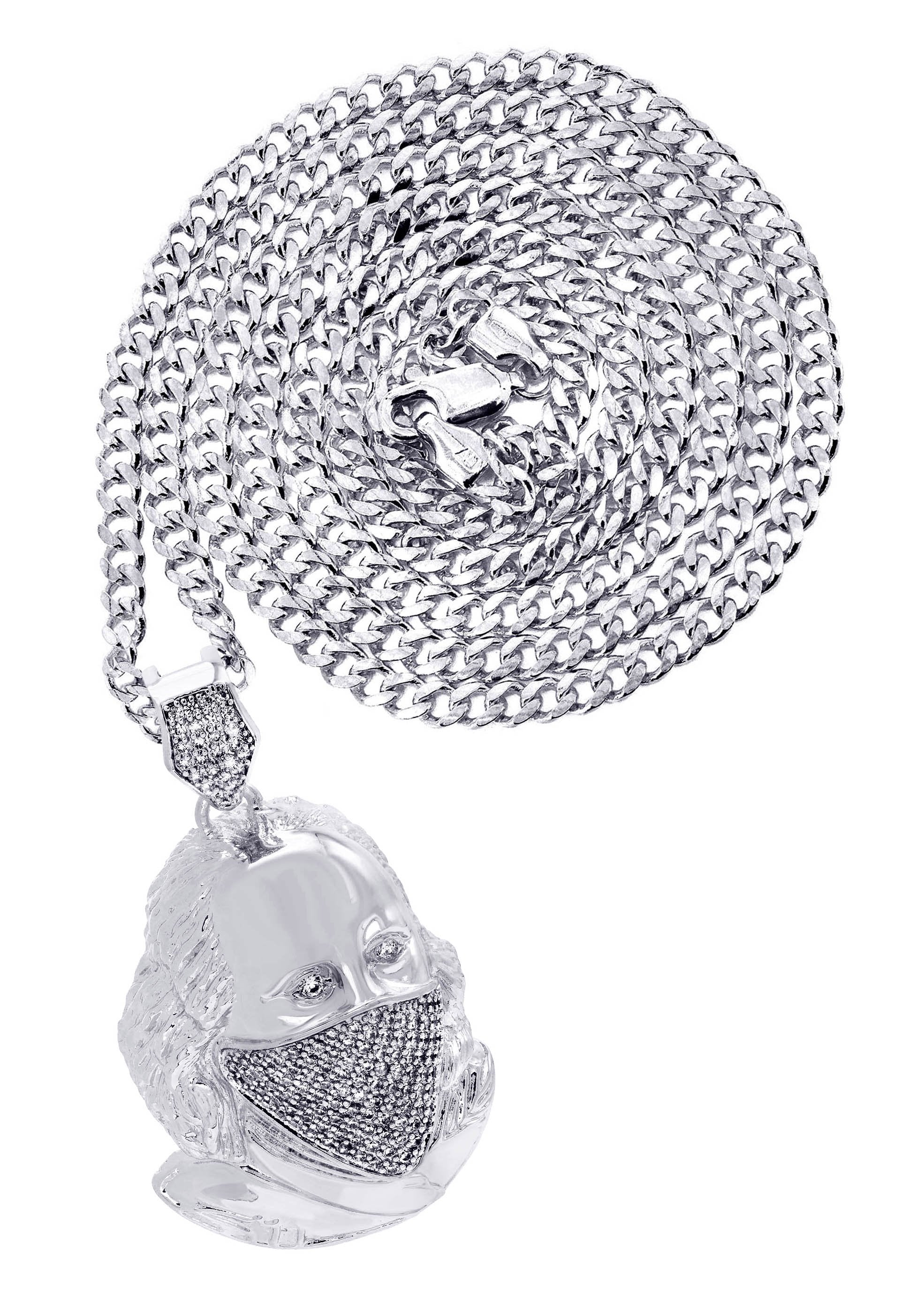 White Gold Plated Cuban Link Chain & Masked Benjamin Franklin Pendant