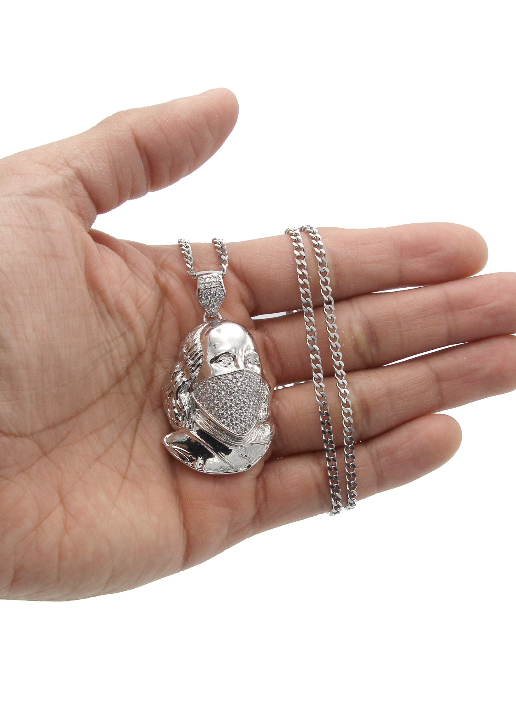 White Gold Plated Cuban Link Chain & Masked Benjamin Franklin Pendant