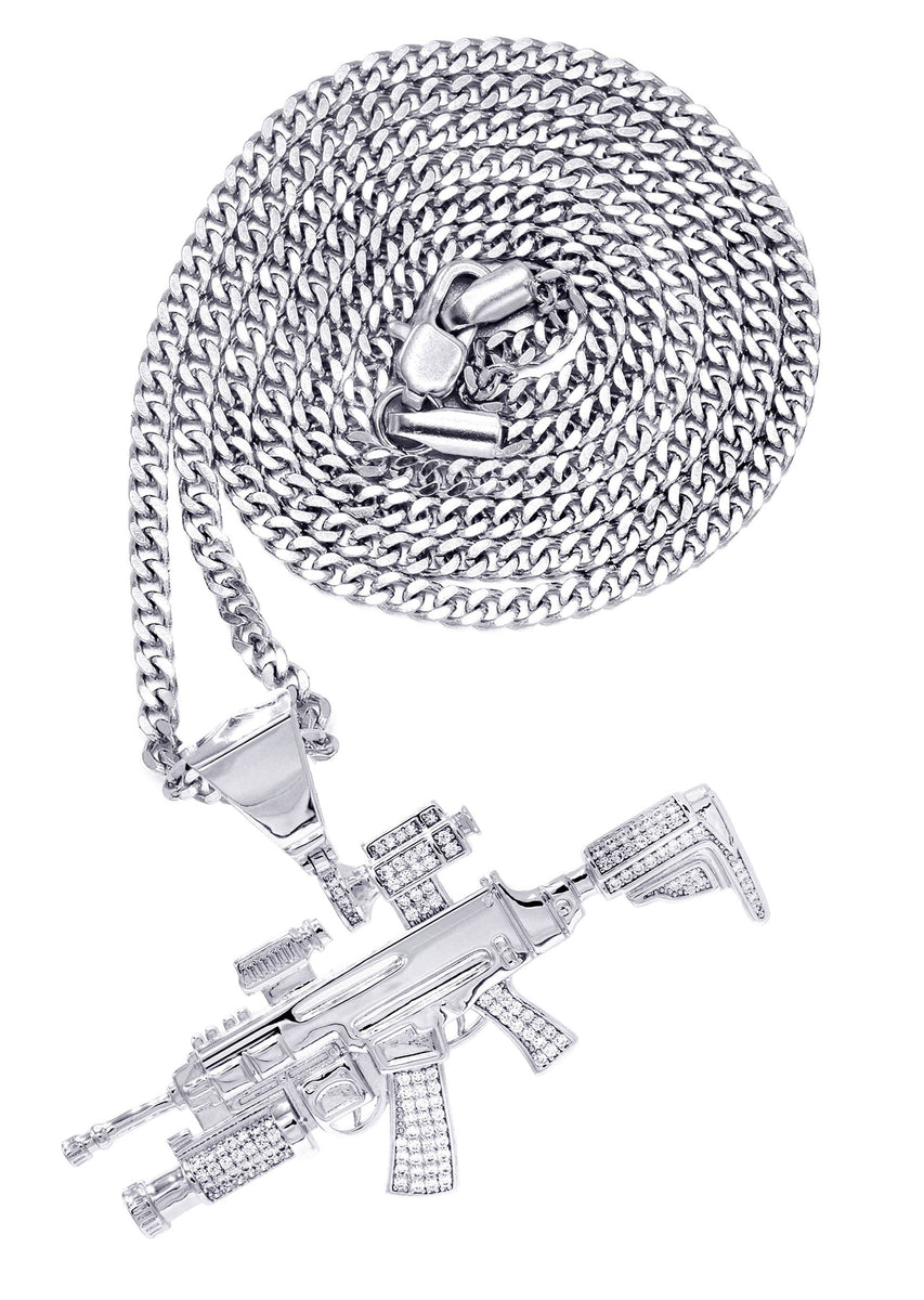 White Gold Plated Cuban Link Chain & Gun Pendant | Appx. 31.9 Grams