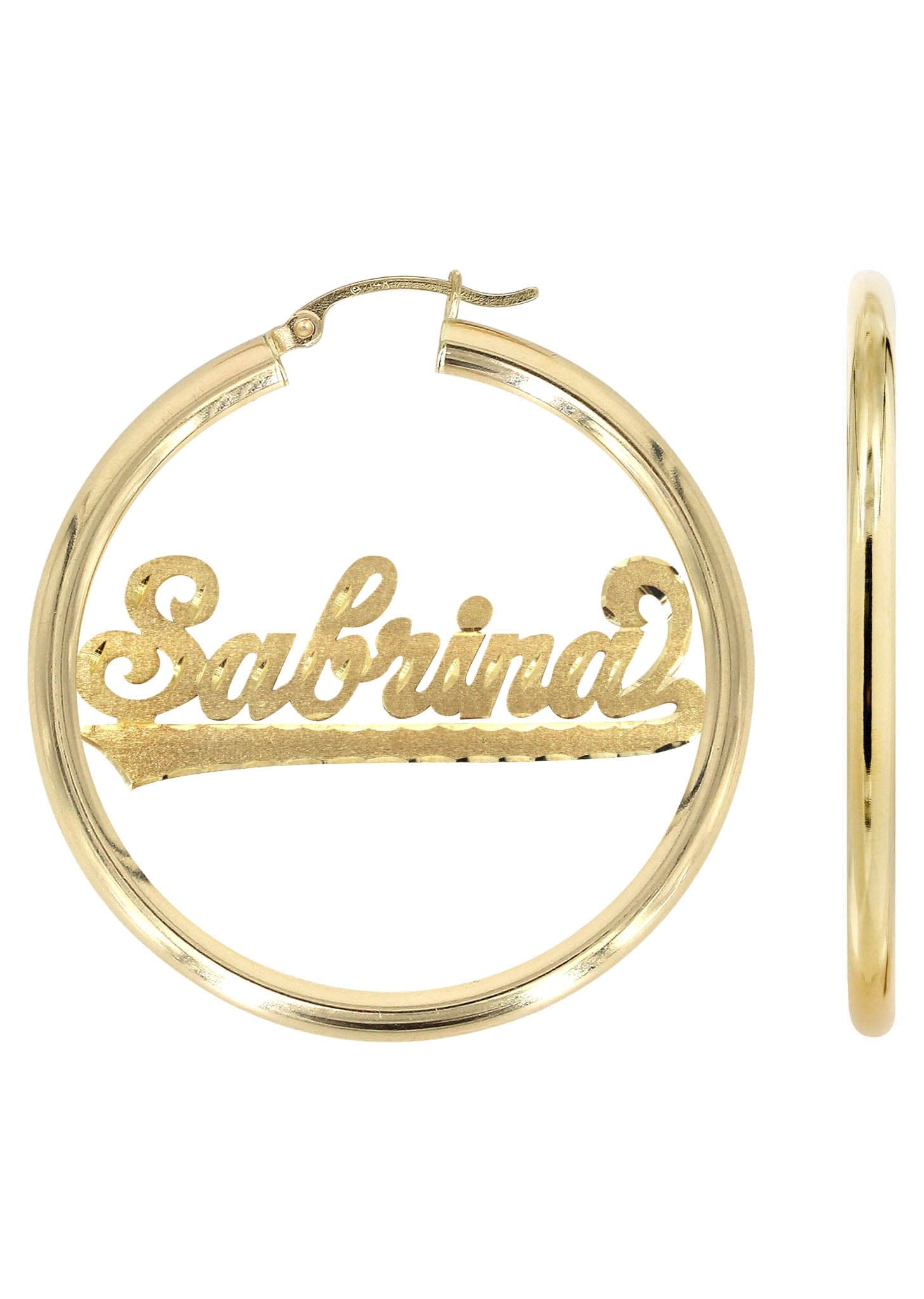 14K Ladies Diamond Cut Name Plate Hoop Earrings - Main Image