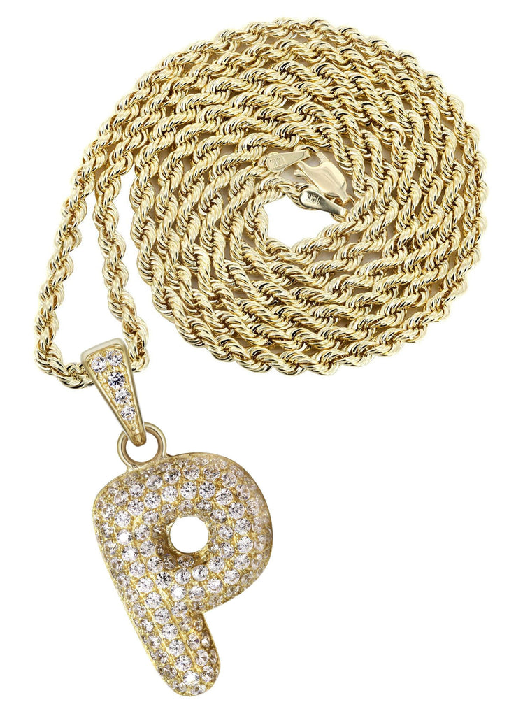 10K Yellow Gold Rope Chain & Bubble Letter "P" Cz Pendant | Appx. 12.8 Grams chain & pendant FrostNYC 