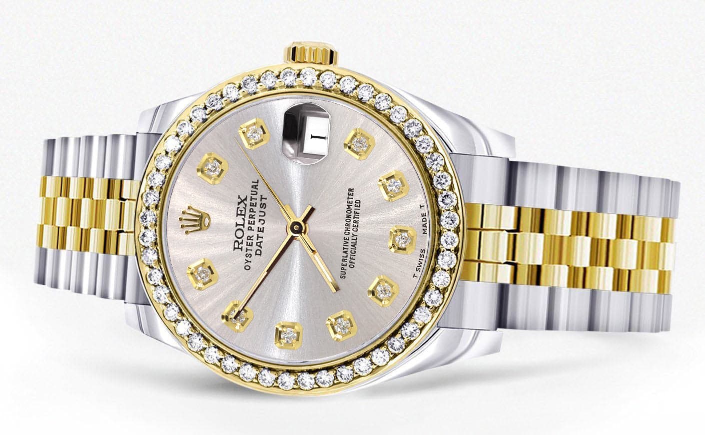 Diamond Gold Rolex Watch | 68273 | Diamond Bezel | 31MM | Grey Dial |