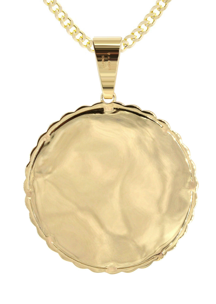 10K Yellow Gold Large Diamond Round Cuban Picture Pendant & Cuban Chain | Appx. 24 Grams MANUFACTURER 1 