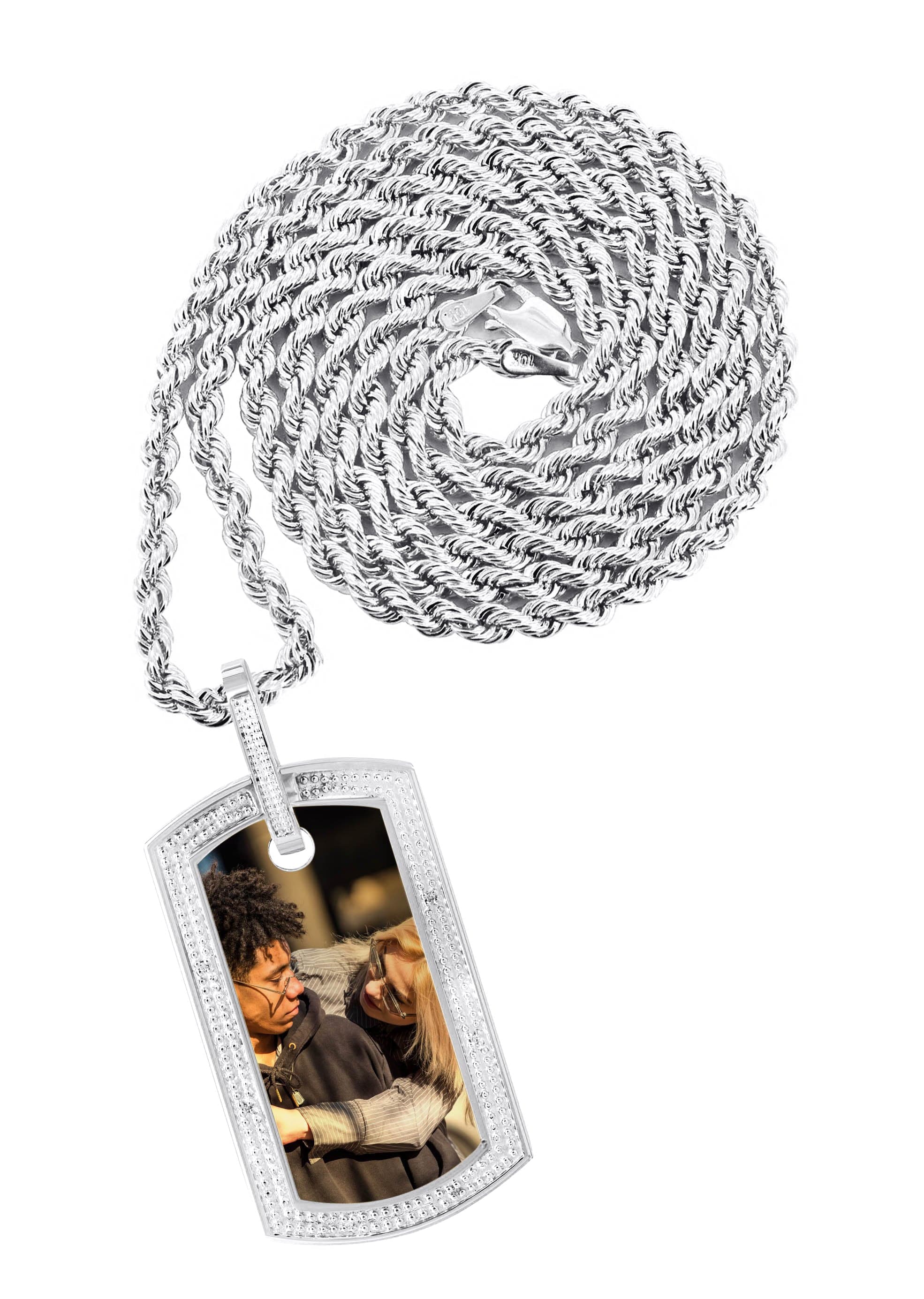 10K White Gold Diamond Dog Tag Picture Pendant Necklace | Appx. 20 Gra
