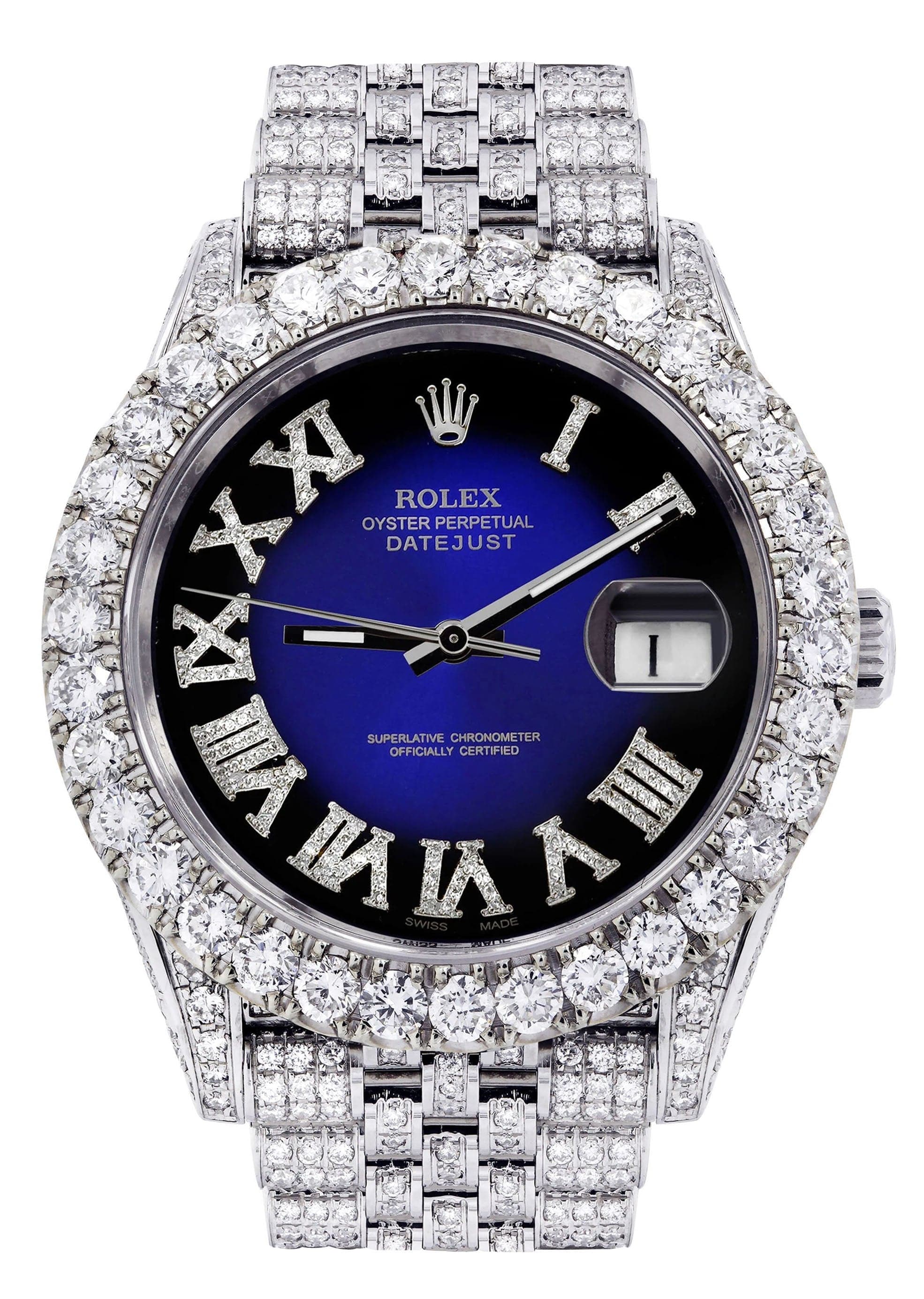 Diamond Iced Out Rolex Datejust 41 25 Carats Of Diamonds Custom Blue Roman Diamond Dial Jubilee Band