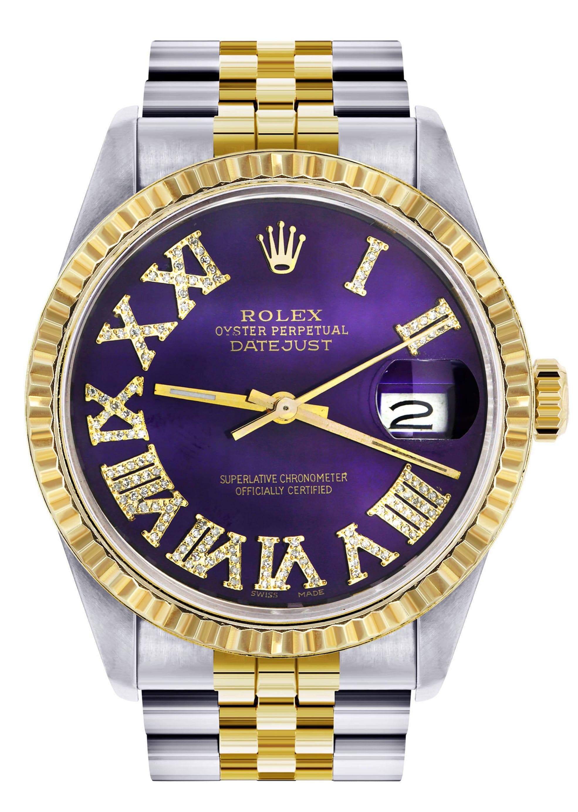 Mens Rolex Datejust Watch 16233 Two Tone 36Mm Purple Roman Numeral