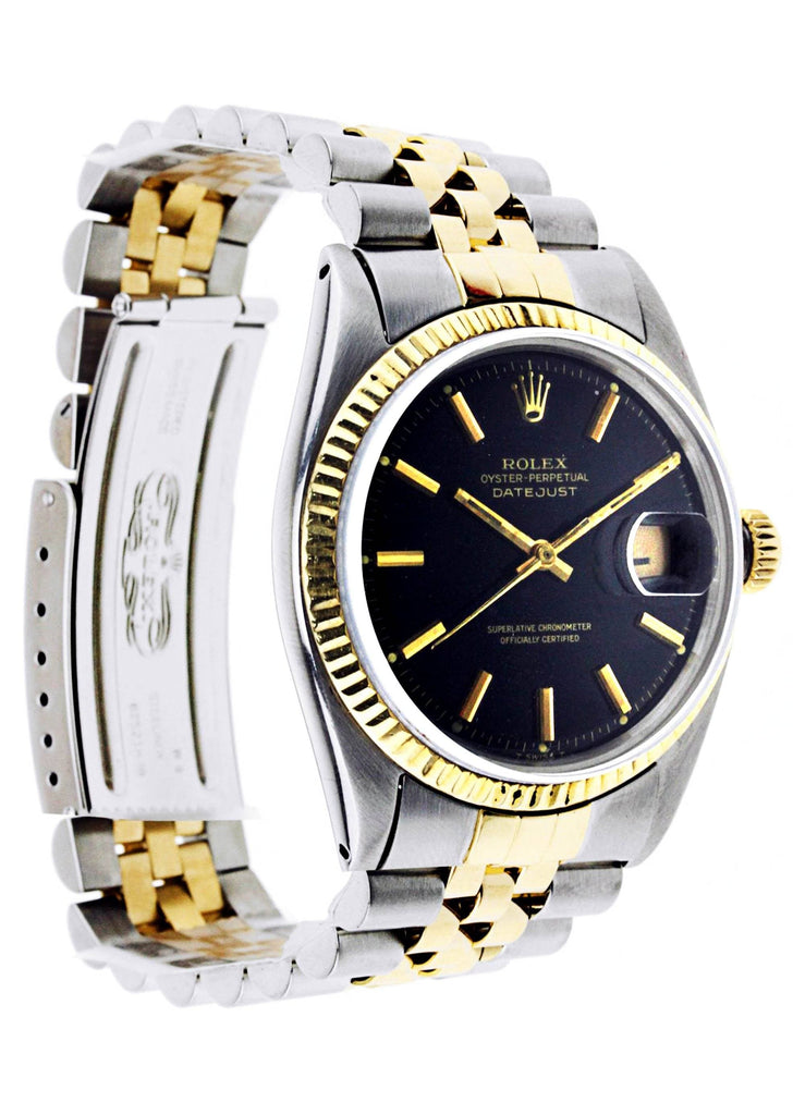 Diamond Rolex Datejust | 18K Yellow Gold and Stainless Steel | Fluted Gold Bezel | 36 MM | Black Stick Dial Mens Watch FrostNYC 