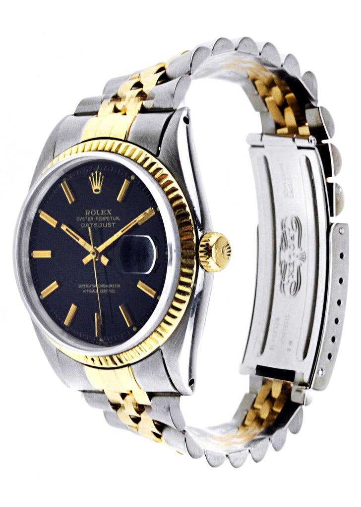 Diamond Rolex Datejust | 18K Yellow Gold and Stainless Steel | Fluted Gold Bezel | 36 MM | Black Stick Dial Mens Watch FrostNYC 