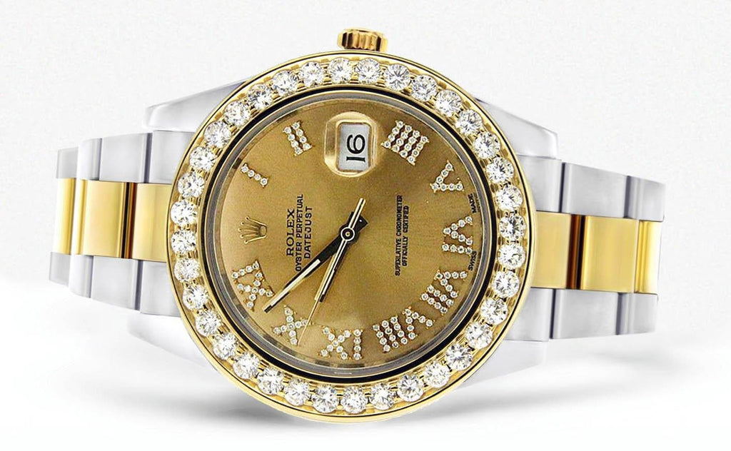 Diamond Rolex Datejust 2 | 18K Yellow Gold & Stainless Steel | Champagne Diamond Roman Dial | 41 MM Mens Watch FrostNYC 