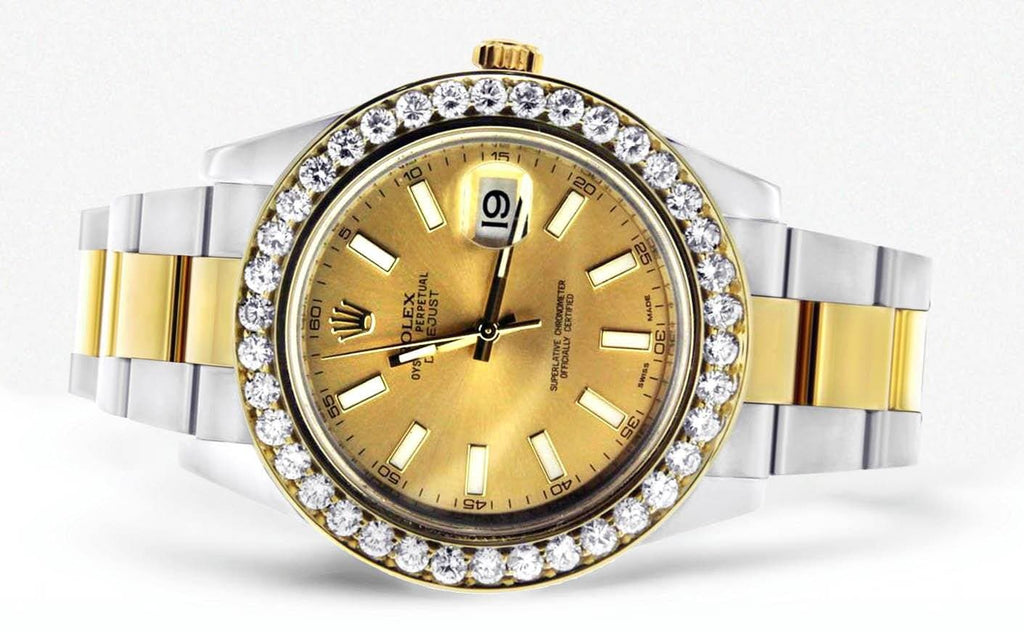 Diamond Rolex Datejust 2 | 18K Yellow Gold & Stainless Steel | Champagne Stick Dial | 41 Mm Mens Watch FrostNYC 