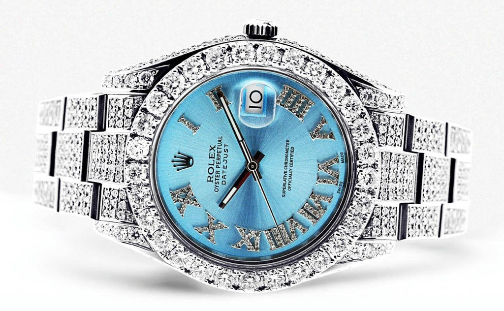 Diamond Rolex Datejust 2 | Stainless Steel | Custom Blue Roman Numeral Dial | 41 MM | 16.55 Carats Mens Watch FrostNYC 