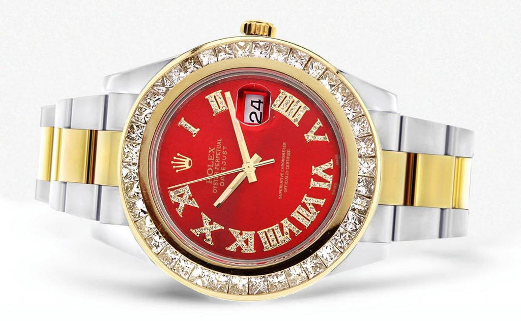 Diamond Rolex Datejust 2 | 18K Yellow Gold and Stainless Steel | Red Diamond Roman Numeral Dial | 41 Mm | 7.75 Carats Mens Watch FrostNYC 