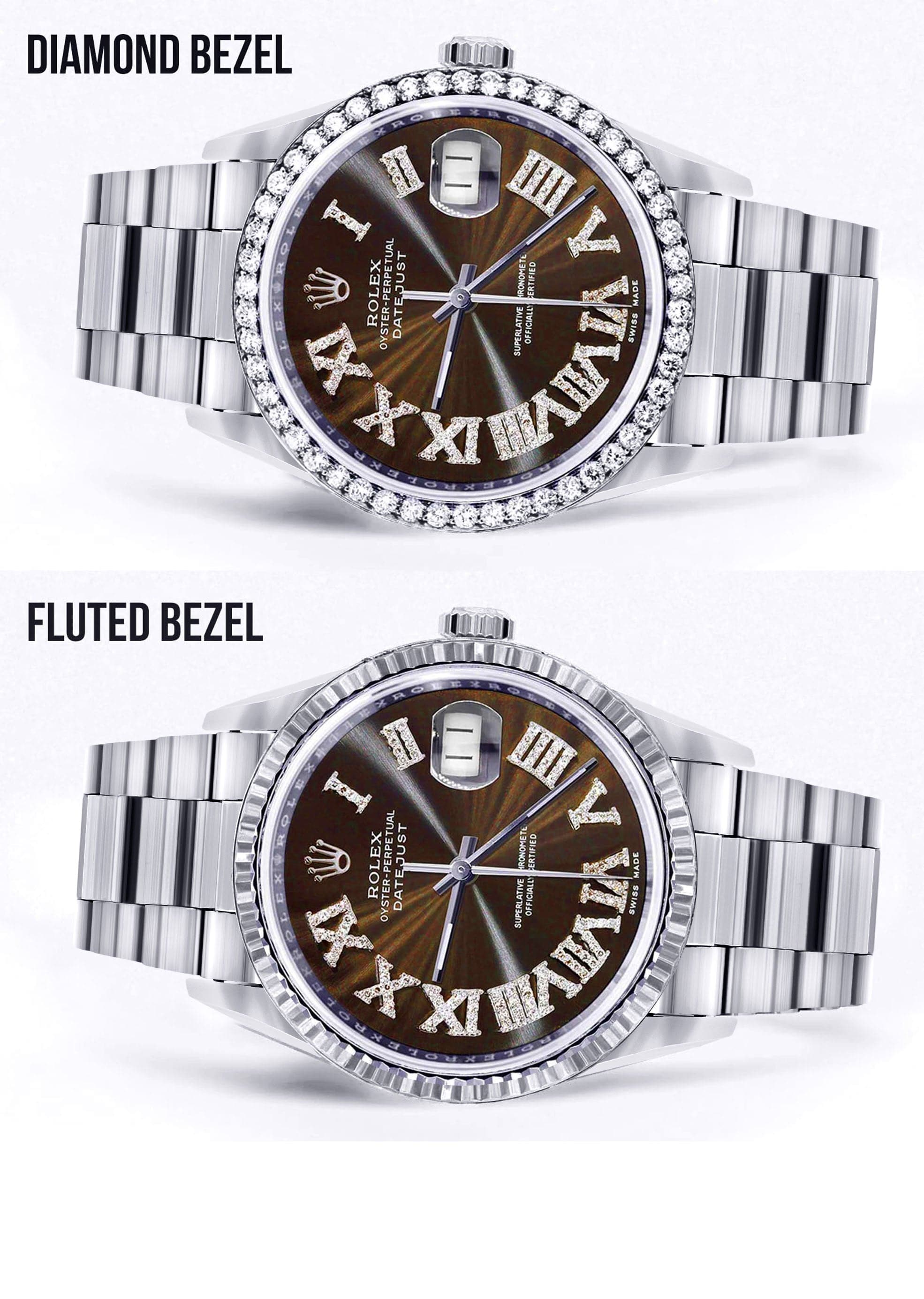 Diamond Mens Rolex Datejust Watch 16200 | 36Mm | Custom Dark Brown Rom