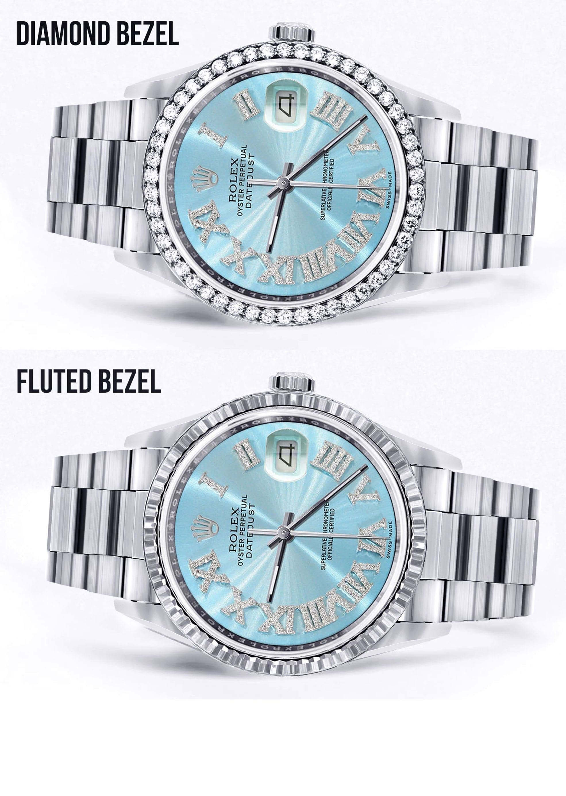 Diamond Mens Rolex Datejust Watch 16200 | 36Mm | Light Blue Roman Nume