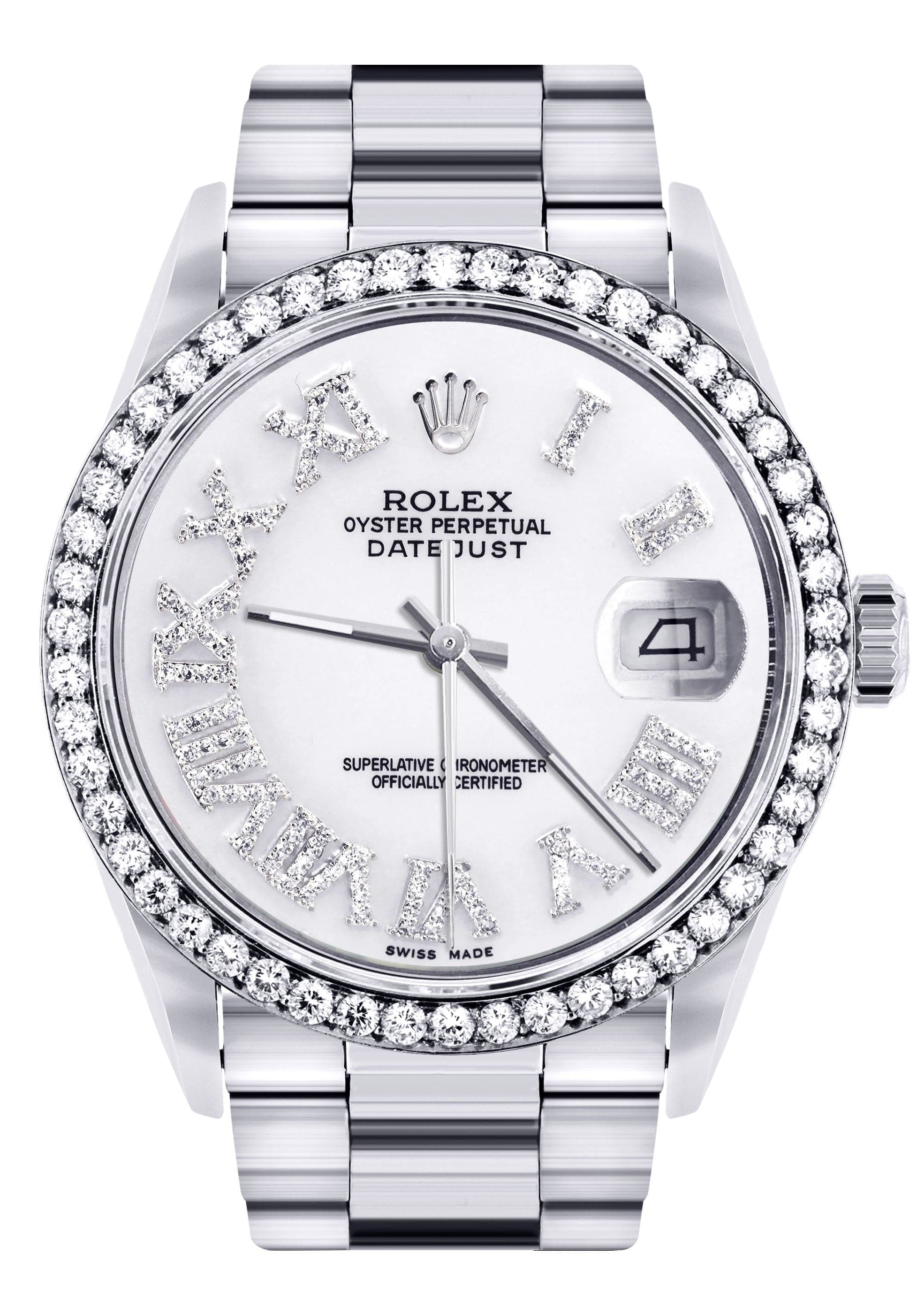 Rolex 36mm Datejust Watch w/ Diamond Bezel and White Roman Numeral Diamond Face Watch Rolex Datejust 36mm White Marble Roman Numerals MoP  main image 2