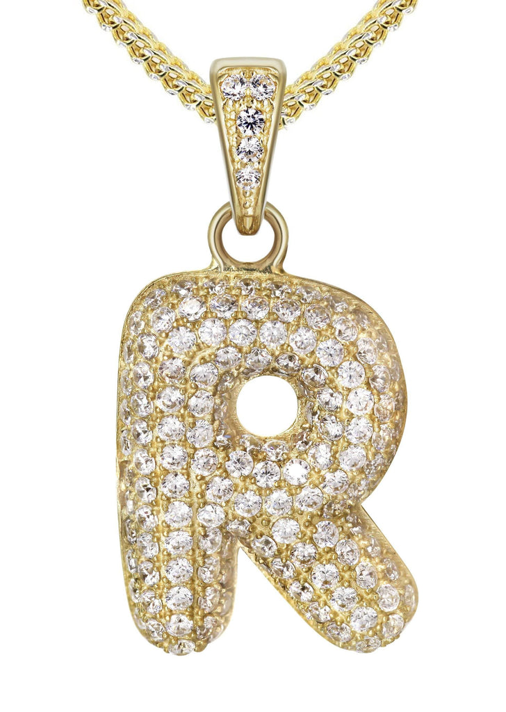 10K Yellow Gold Franco Chain & Bubble Letter "R" Cz Pendant | Appx. 13.6 Grams chain & pendant FrostNYC 
