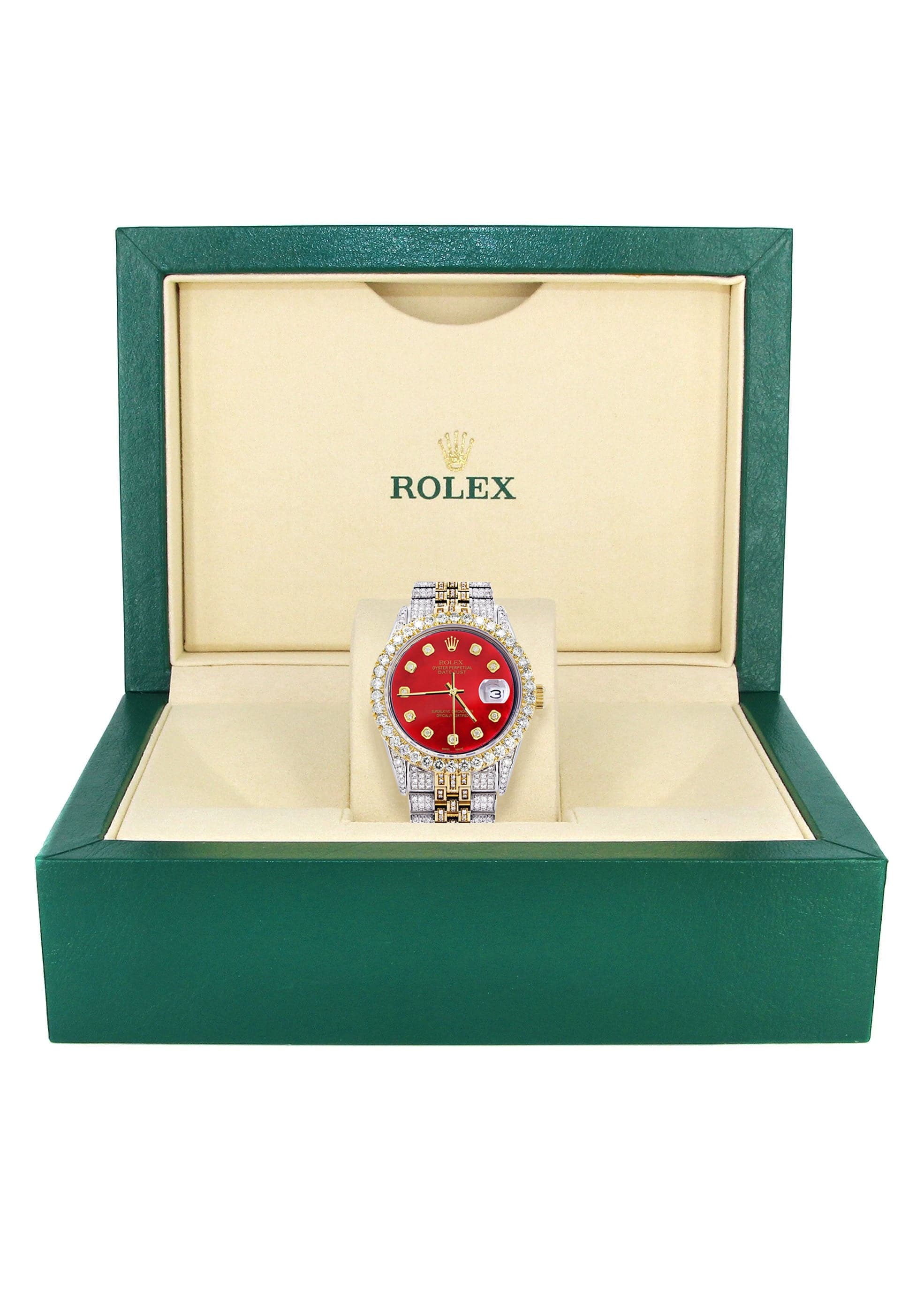 Iced Out Rolex Datejust 36 MM | Two Tone | 10 Carats of Diamonds | Red