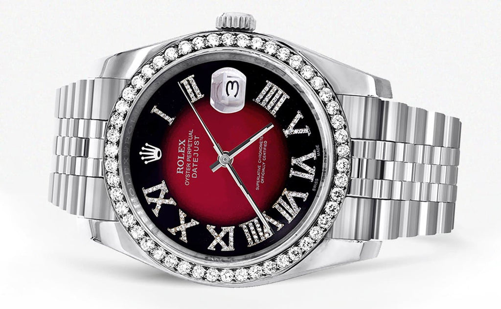 New Style | Hidden Clasp | Diamond Rolex Datejust Watch | 36Mm | Diamond Red Roman Numeral Dial | Jubilee Band CUSTOM ROLEX MANUFACTURER 11 