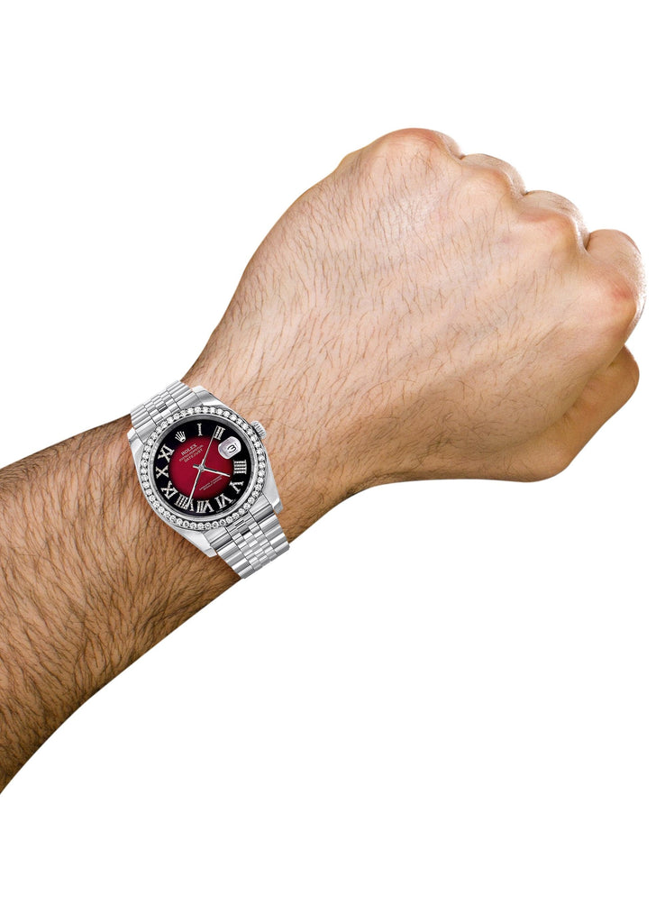 New Style | Hidden Clasp | Diamond Rolex Datejust Watch | 36Mm | Diamond Red Roman Numeral Dial | Jubilee Band CUSTOM ROLEX MANUFACTURER 11 