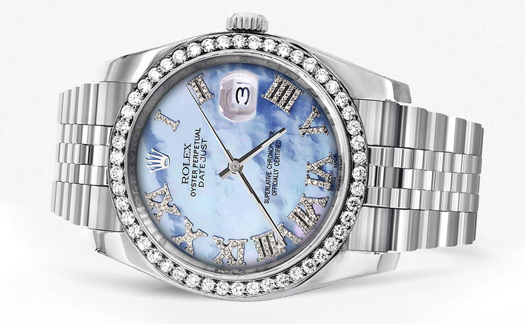 New Style | Hidden Clasp | Diamond Rolex Datejust Watch | 36Mm | Blue Mother Of Pearl Roman Numeral Dial | Jubilee Band CUSTOM ROLEX MANUFACTURER 11 