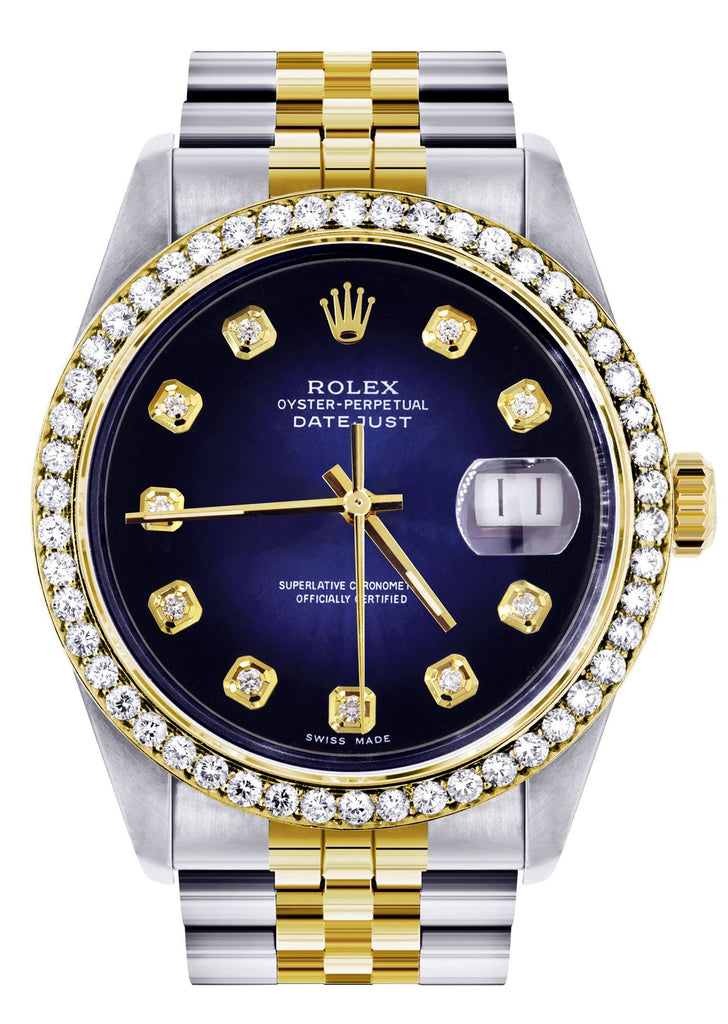 Diamond Gold Rolex Watch For Men 16233 | 36Mm | Blue Dial | Ba – FrostNYC