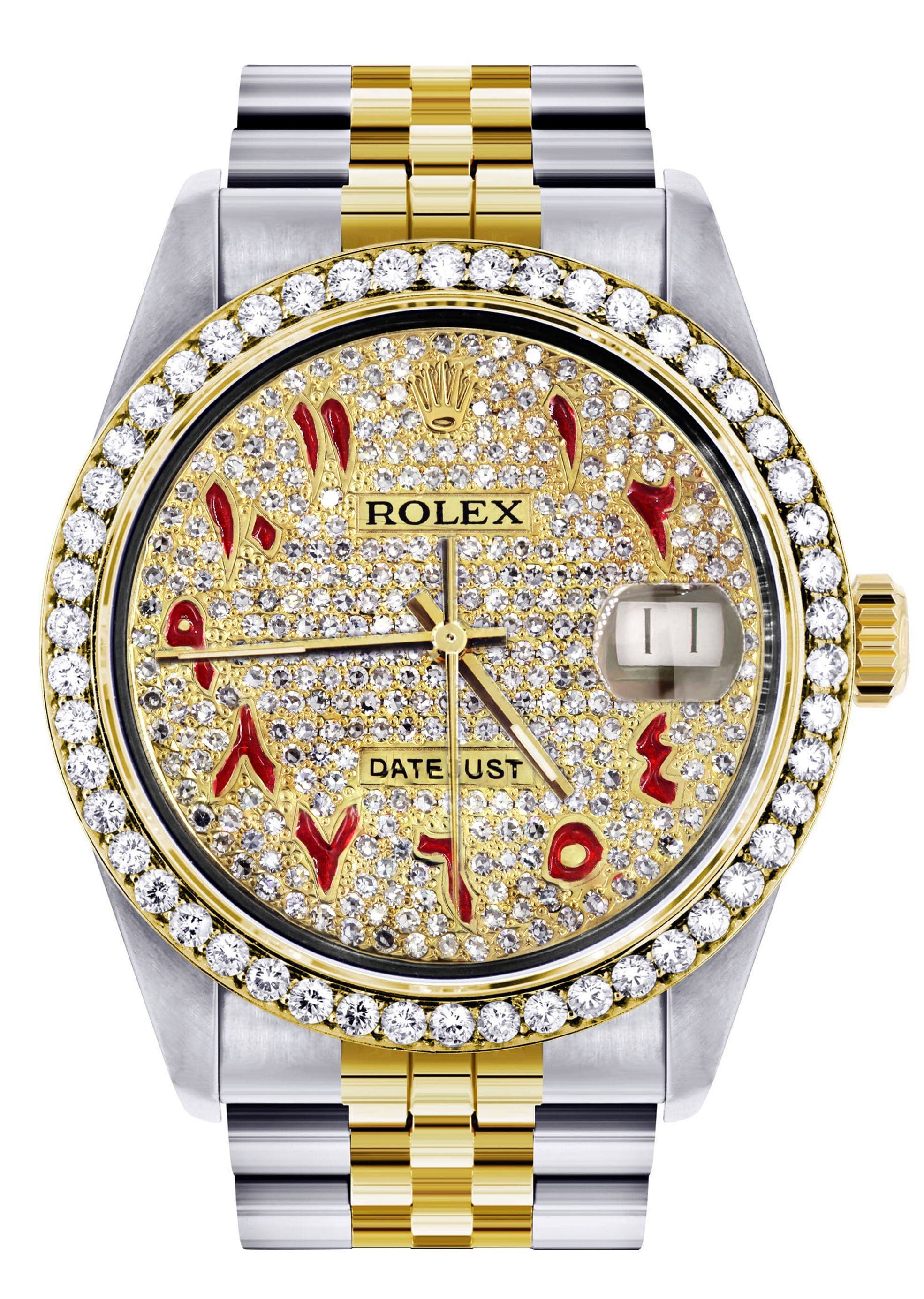 Diamond Gold Rolex Watch For Men 16233 36Mm Custom Red Arabic Full