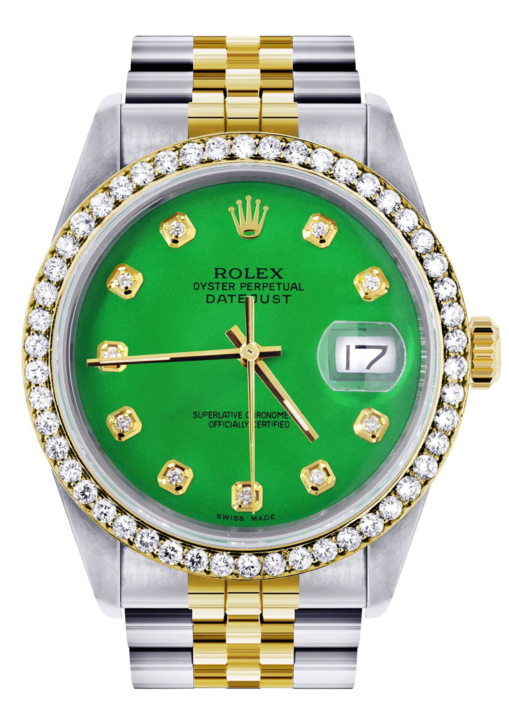 Gold Rolex Datejust Watch | 36Mm | Green Dial | Jubilee Band CUSTOM ROLEX FrostNYC 