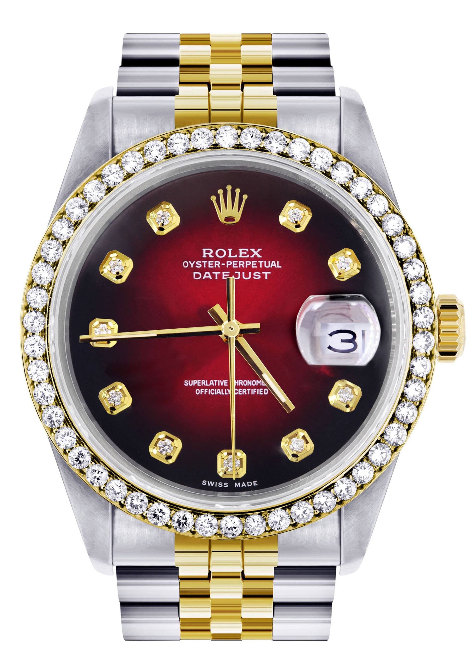 Gold Rolex Datejust Watch 16233 for Men 36Mm Red Dial Jubilee Ba