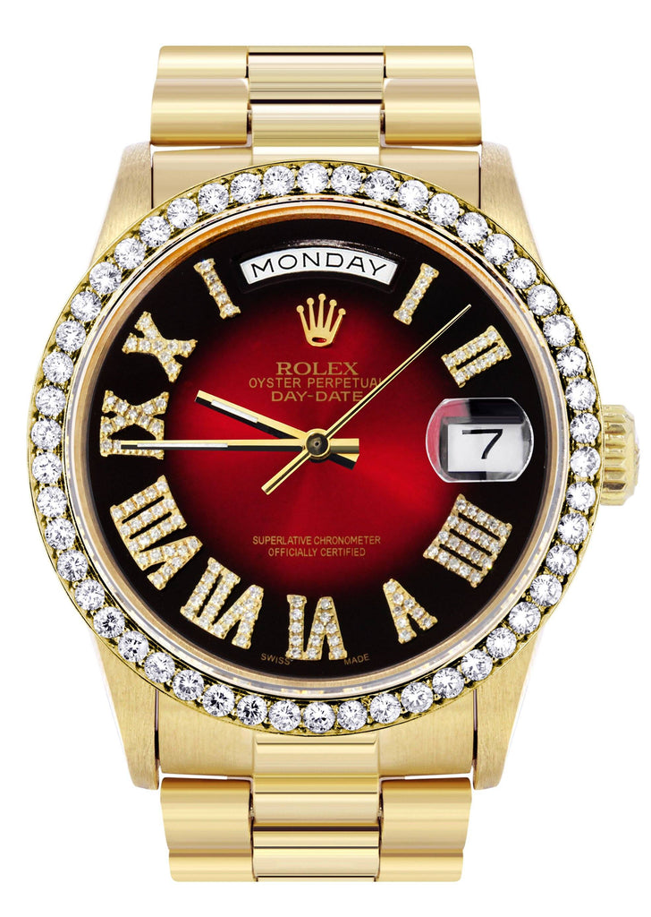 Rolex Day-Date | Presidential | 18K Yellow Gold | Diamond Bezel | Red Diamond Roman Numeral CUSTOM ROLEX FROST NYC 