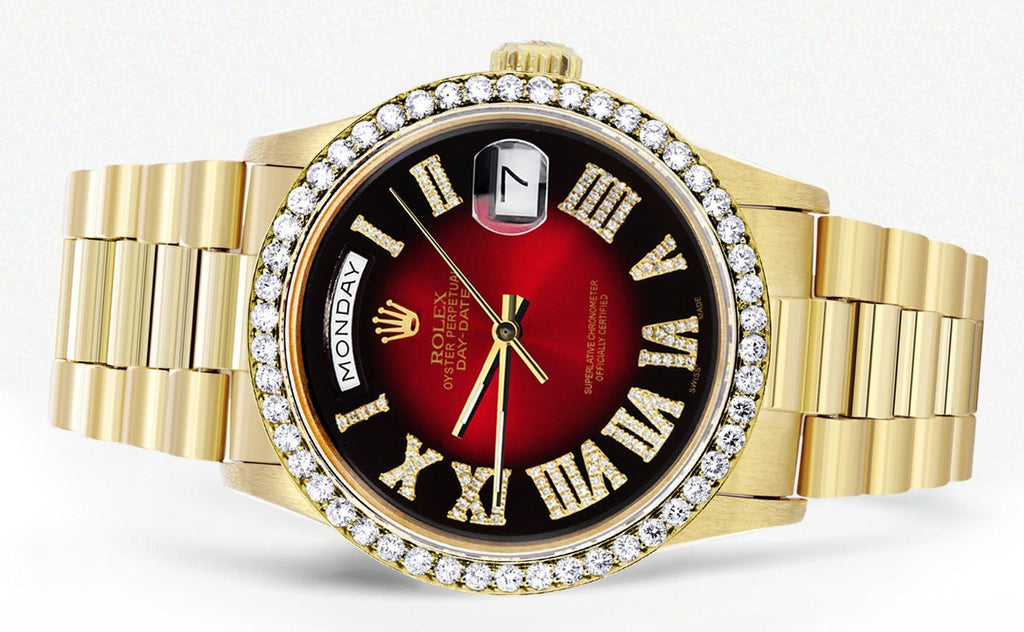 Rolex Day-Date | Presidential | 18K Yellow Gold | Diamond Bezel | Red Diamond Roman Numeral CUSTOM ROLEX FROST NYC 