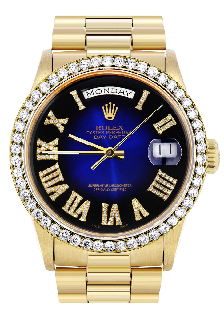 Rolex Day-Date | Presidential | 18K Yellow Gold | Diamond Bezel | Blue Diamond Roman Numeral CUSTOM ROLEX FrostNYC 