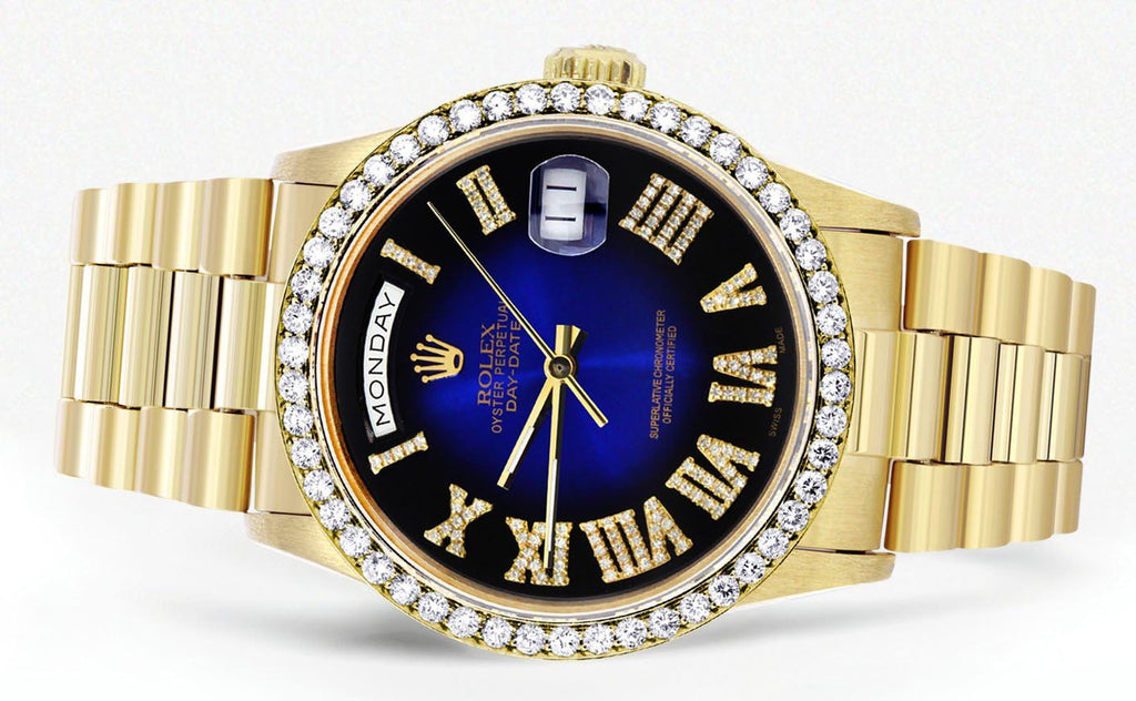 Rolex Day-Date | Presidential | 18K Yellow Gold | Diamond Bezel | Blue Diamond Roman Numeral CUSTOM ROLEX FrostNYC 