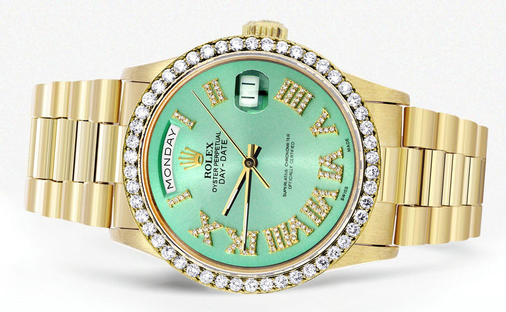 Rolex Day-Date | Presidential | 18K Yellow Gold | Diamond Bezel | Light Green Diamond Roman CUSTOM ROLEX FROST NYC 