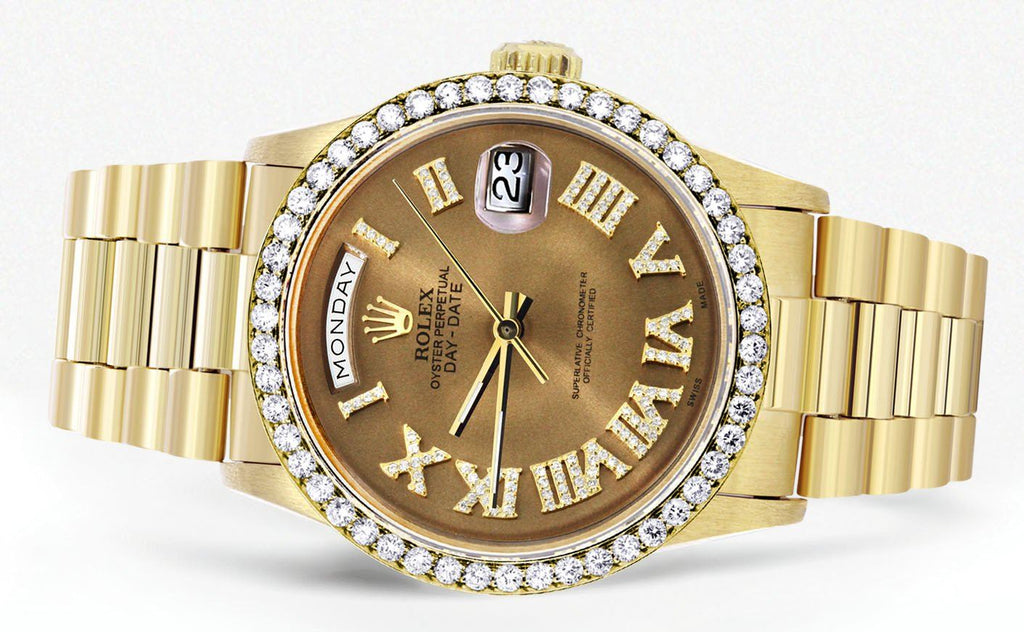 Rolex Day-Date | Presidential | 18K Yellow Gold | Diamond Bezel | Diamond Roman Chocolate Dial CUSTOM ROLEX FrostNYC 