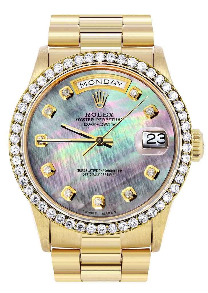 Rolex Day-Date | Presidential | 18K Yellow Gold | Diamond Bezel | Dark Mother of Pearl Diamond Dial CUSTOM ROLEX FROST NYC 