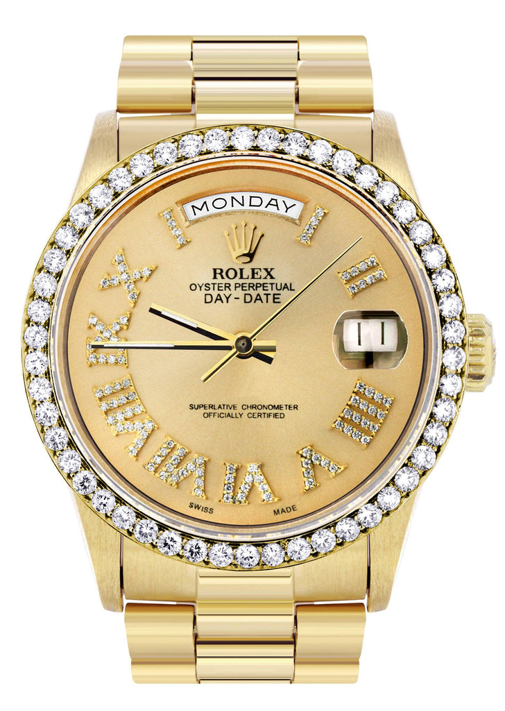 Rolex Day-Date | Presidential | 18K Yellow Gold | Diamond Bezel | Gold Diamond Roman custom FrostNYC 