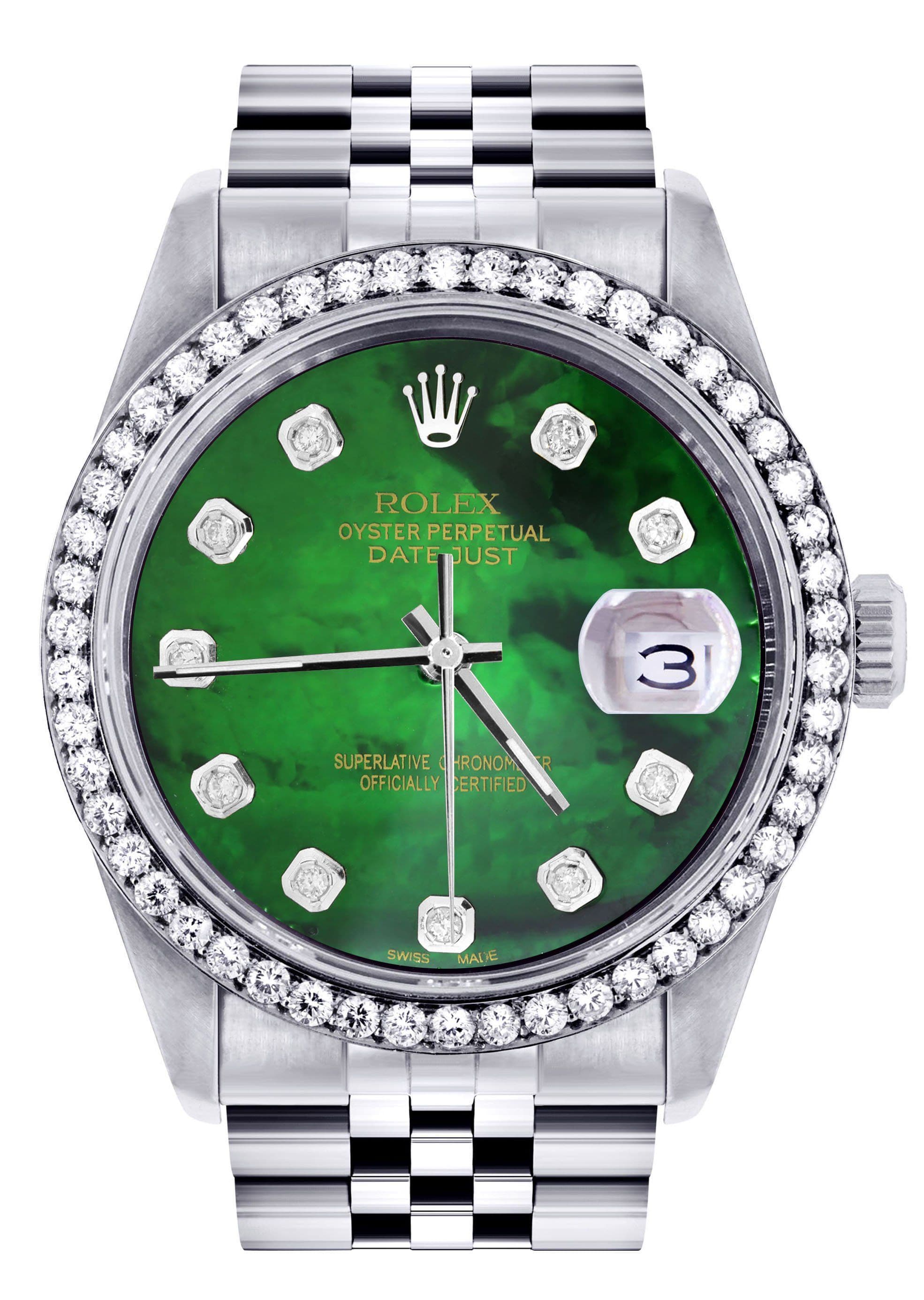 Diamond Mens Rolex Datejust Watch 16200 36Mm Green Diamond Mother