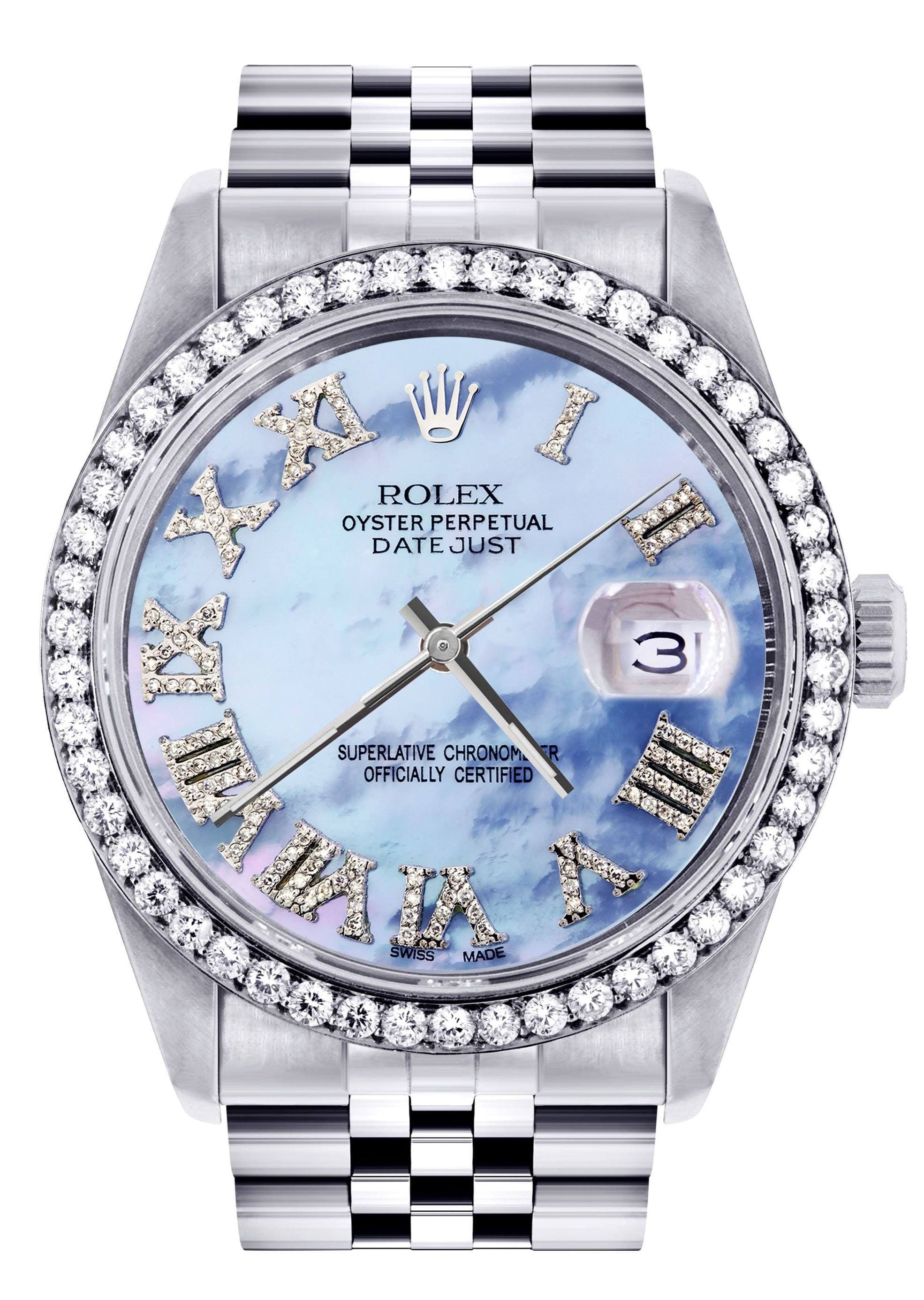 Diamond Mens Rolex Datejust Watch 16200 36Mm Blue Mother Of Pearl