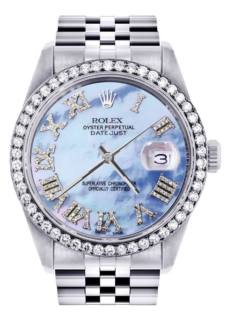 Diamond Rolex Datejust Watch | 36Mm | Blue Mother Of Pearl Roman Numeral Dial | Jubilee Band CUSTOM ROLEX FROST NYC 