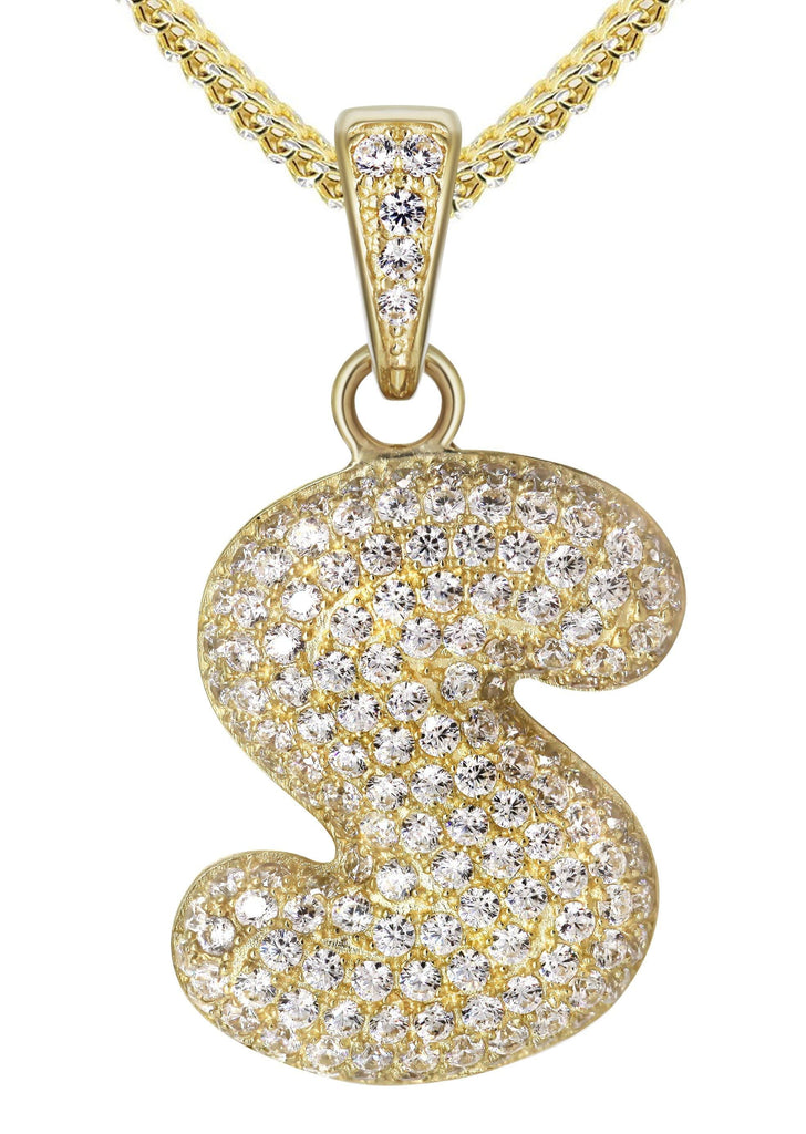 10K Yellow Gold Franco Chain & Bubble Letter "S" Cz Pendant | Appx. 13.6 Grams chain & pendant FrostNYC 