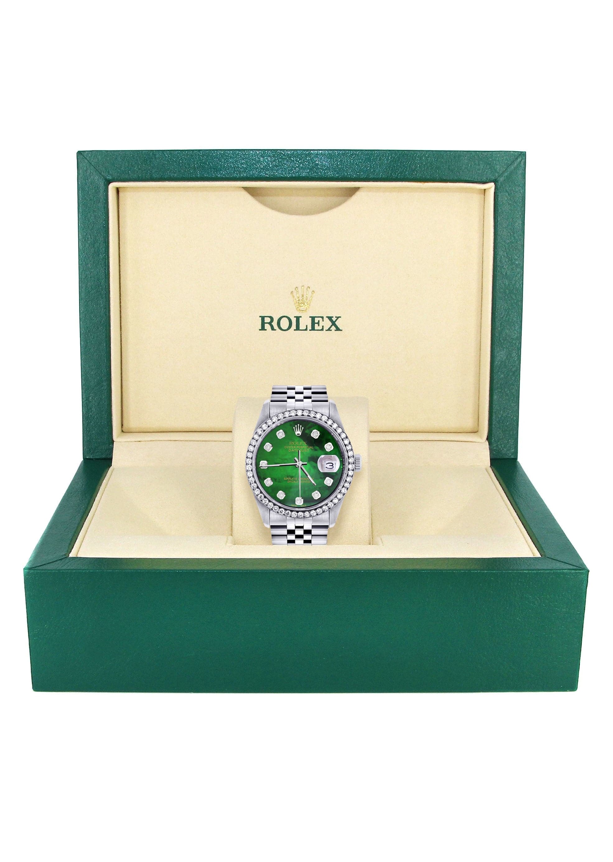 Diamond Mens Rolex Datejust Watch 16200 | 36Mm | Green Diamond Mother