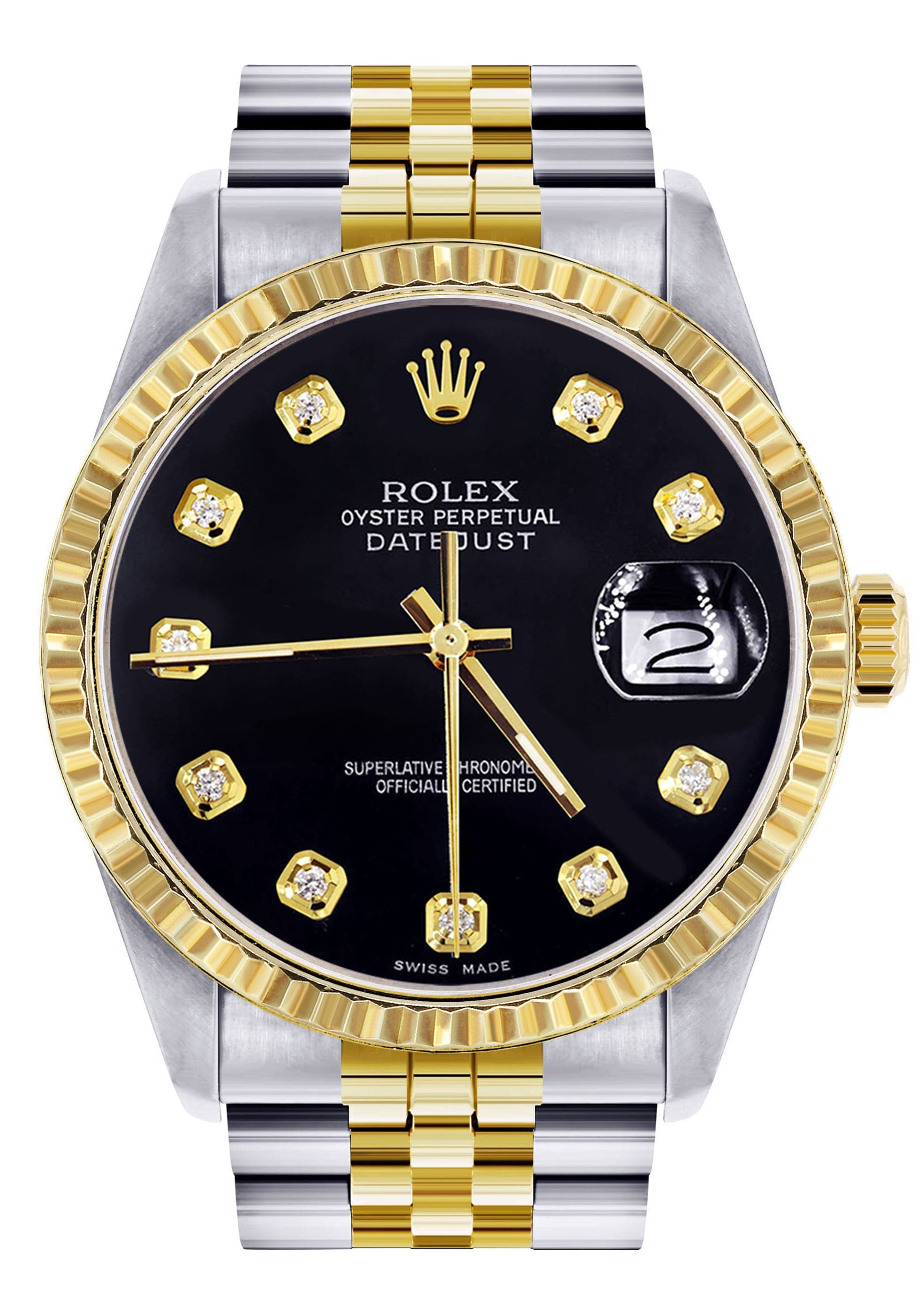 Mens Rolex Datejust Watch 16233 Two Tone Fluted Bezel 36Mm Black