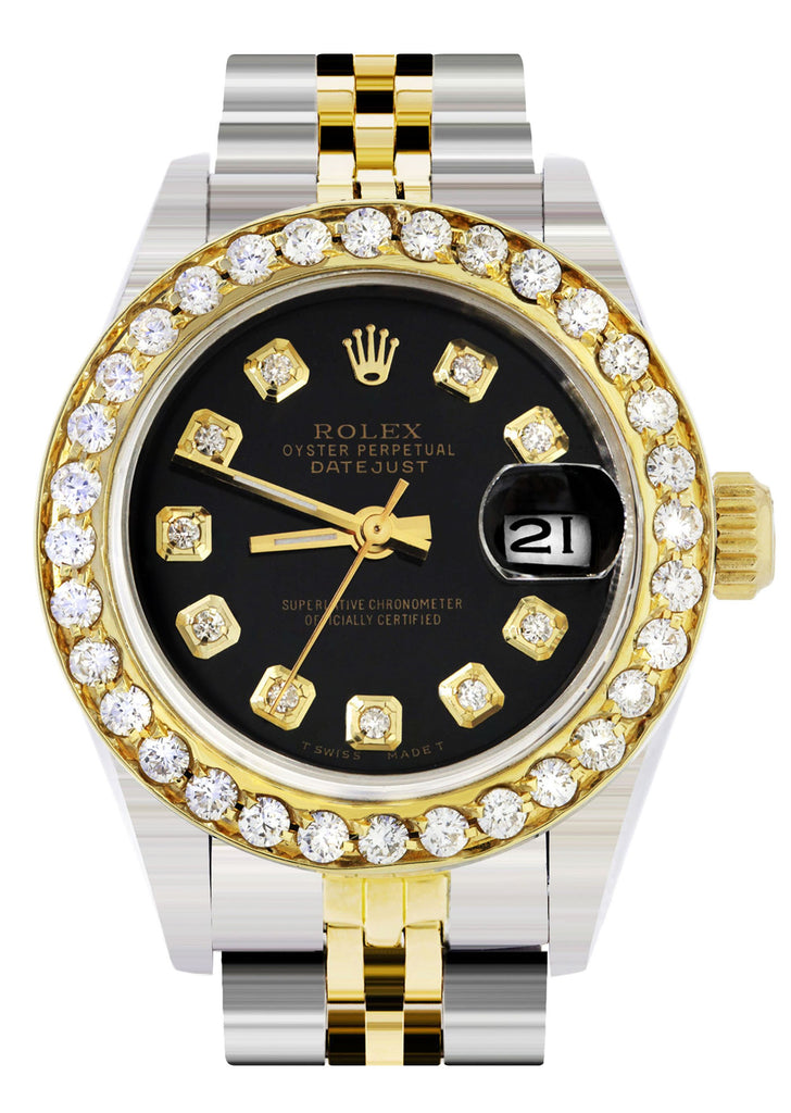Womens Diamond Gold Rolex Watch | 1 Carat Bezel | 26Mm | Black Dial | Jubilee Band women custom rolex MANUFACTURER 11 