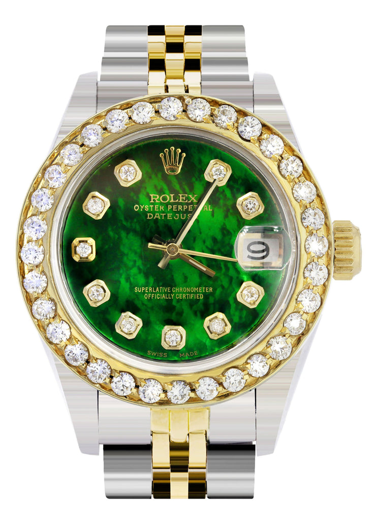 Womens Diamond Gold Rolex Watch | 1 Carat Bezel | 26Mm | Green Pearl Dial | Jubilee Band women custom rolex MANUFACTURER 11 