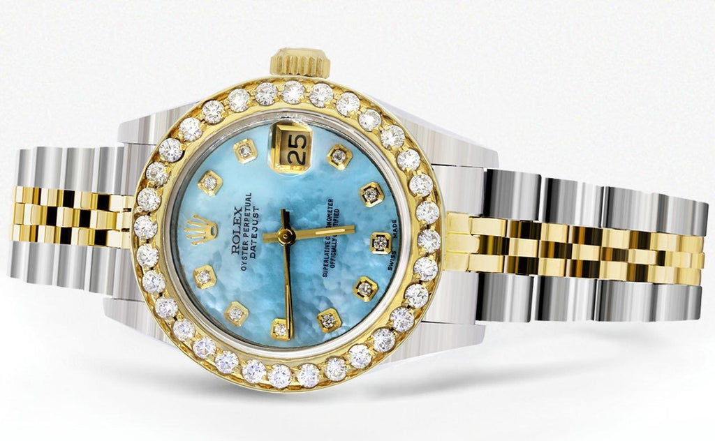 Womens Diamond Gold Rolex Watch | 1 Carat Bezel | 26Mm | Blue Pearl Dial | Jubilee Band FROST NYC 