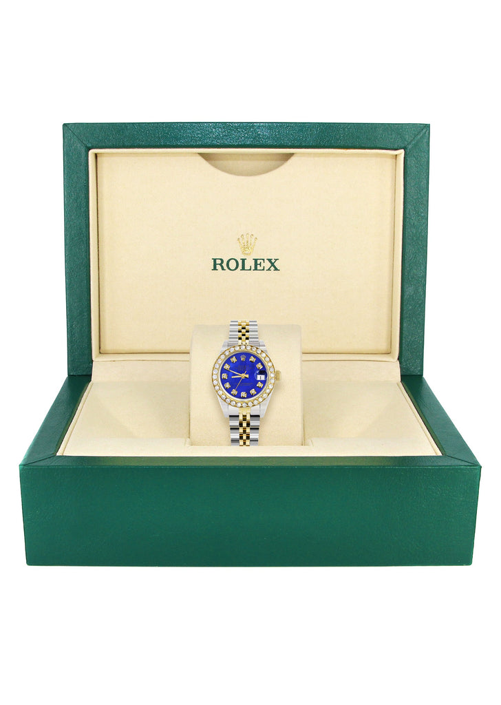 Womens Diamond Gold Rolex Watch | 1 Carat Bezel | 26Mm | Royal Blue Pearl Dial | Jubilee Band women custom rolex MANUFACTURER 11 
